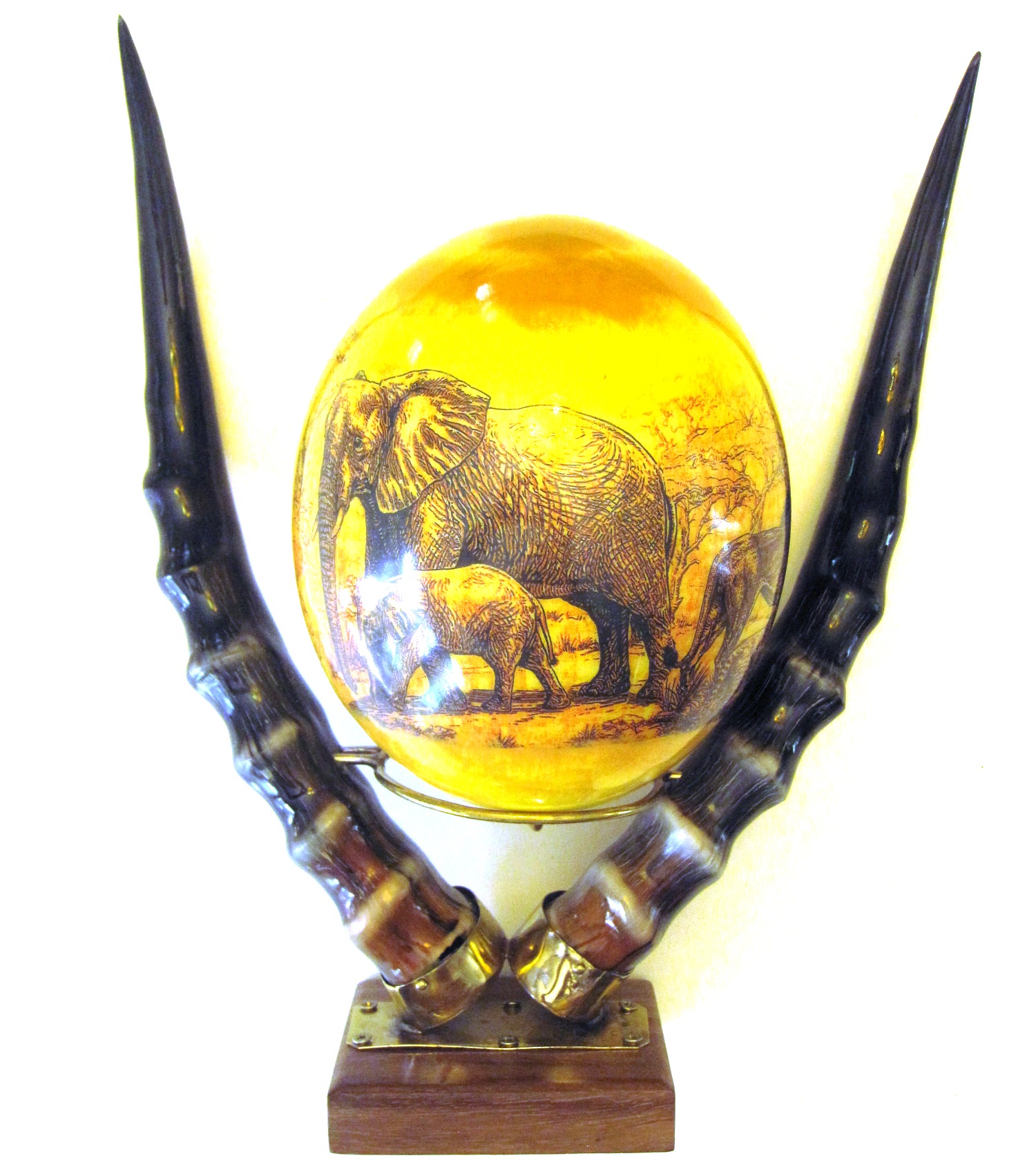 Scrimshaw Design Decoupage Ostrich Egg w Impala Horn Stand